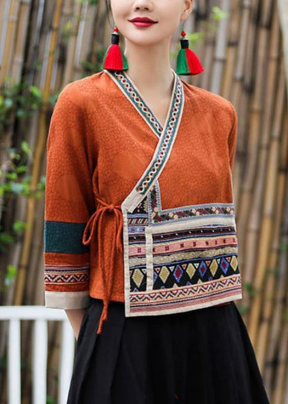 Earthy Yellow V Neck Print Shirts Long Sleeve