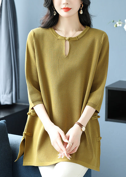 Green O Neck Oriental Button Ice Silk Knit Top Spring
