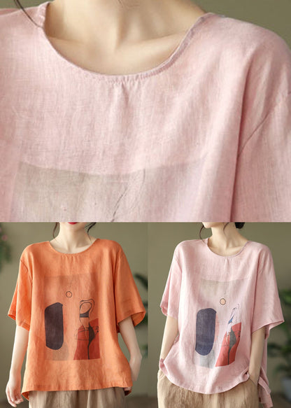 Orange O-neck Patchwork Linen Top Short Sleeve