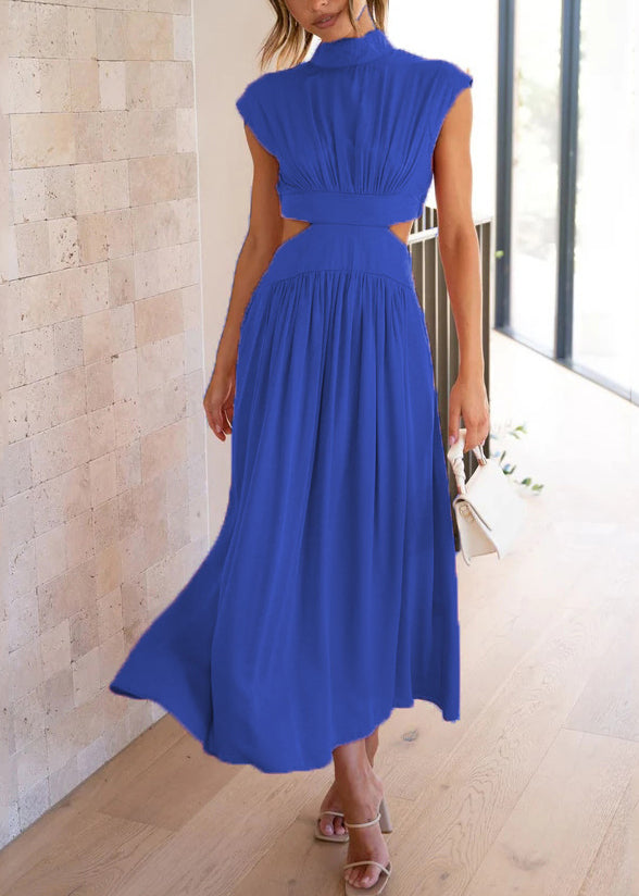 Stylish Green Stand Collar Hollow Out Patchwork Cotton Dresses Summer