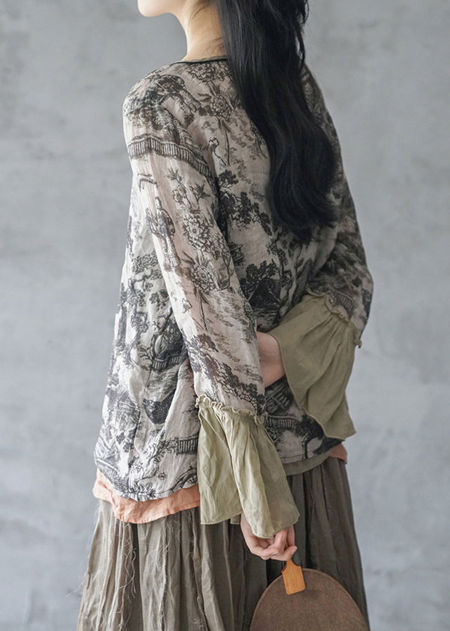 Grey V Neck Print Linen Shirt Tops Spring