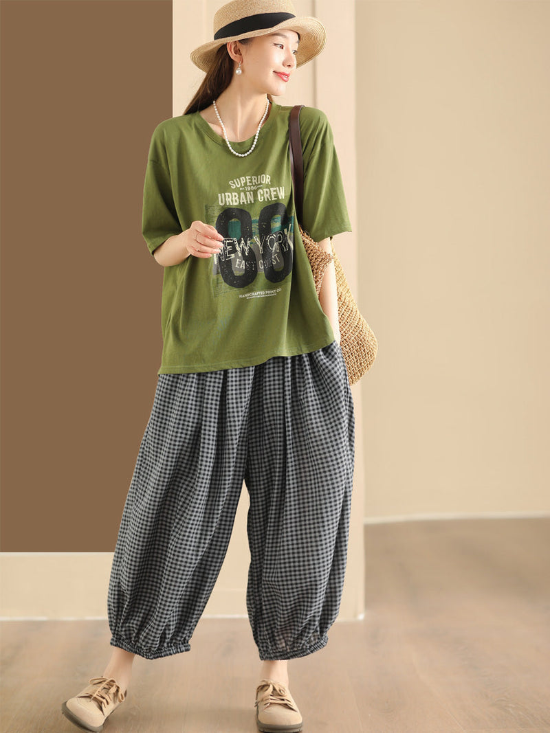 Summer Plaid Cotton Harem Pants