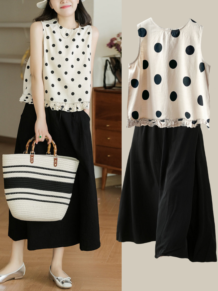 Dot Lacework Hem Loose Cotton Vest