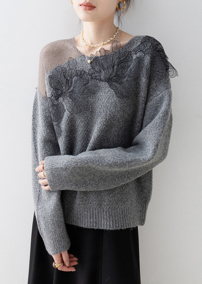 Original Design Grey O-neck Knit Sweaters Spring