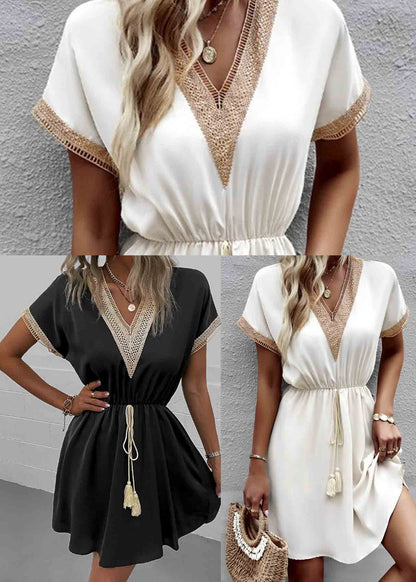 Black Patchwork Lace Dress V Neck Tie Waist Summer