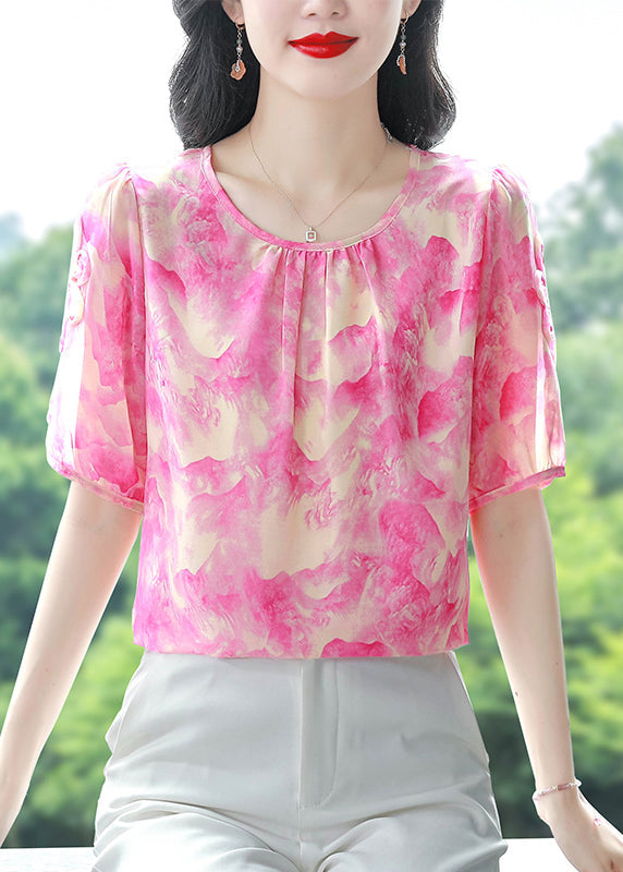 Rose O Neck Print Chiffon Blouses Summer