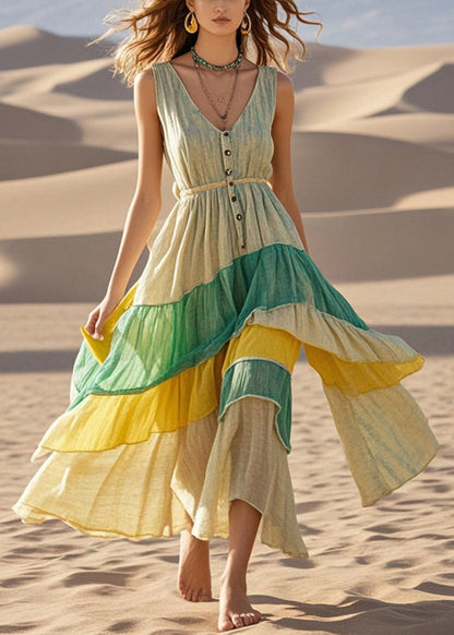 Silm Fit Asymmetrical Design Patchwork Cotton Long Dress Summer