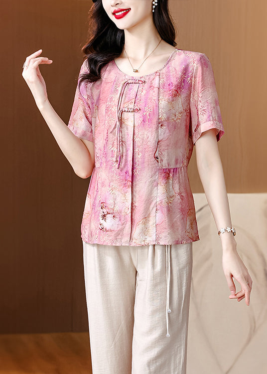 Pink O-neck Tasseled Print Linen Shirt Summer