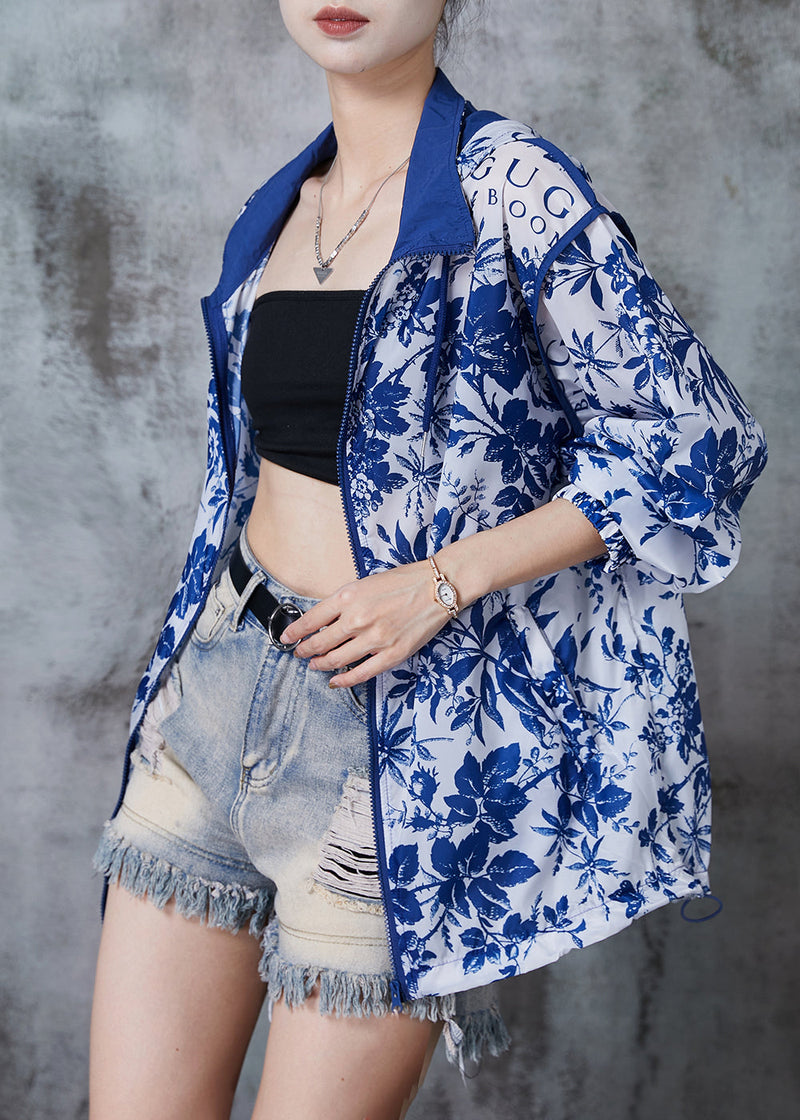 Blue Hooded Print Spandex Coat Outwear Fall