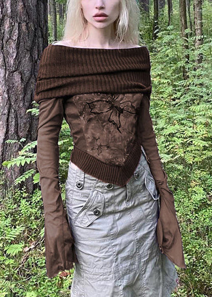 Brown Print Knit Patchwork T Shirts Flare Sleeve