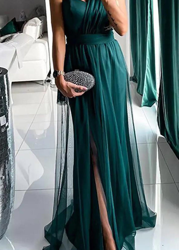 Stylish Blackish Green One Shoulder Backless Tulle Long Dress Summer