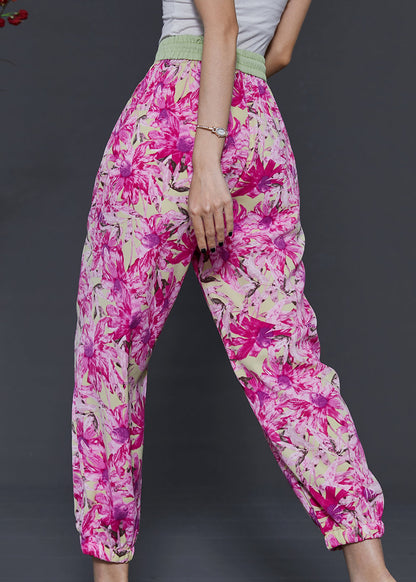 Rose Print Pockets Chiffon Pants Summer