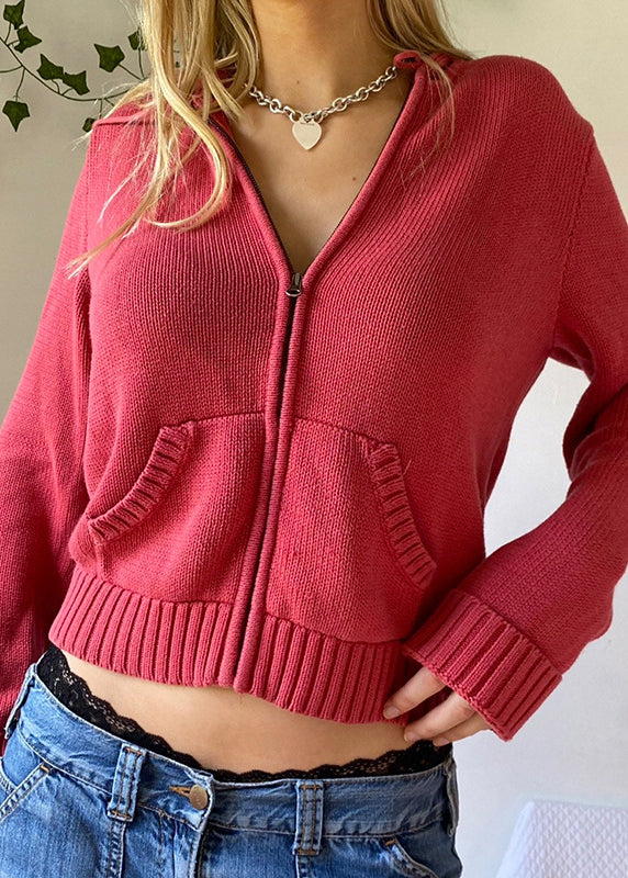 White Zip Up Pockets Knit Hooded Coat Fall