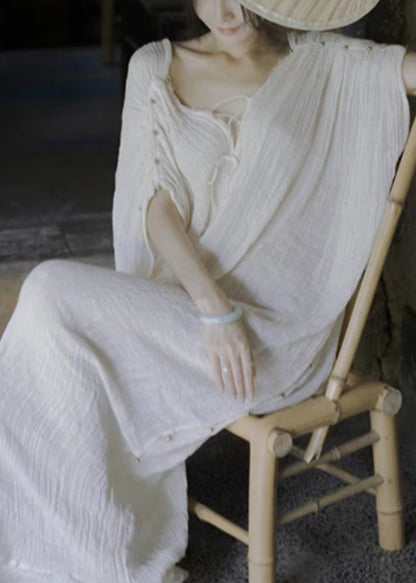 White V Neck Lace Up Cotton Maxi Dresses Summer