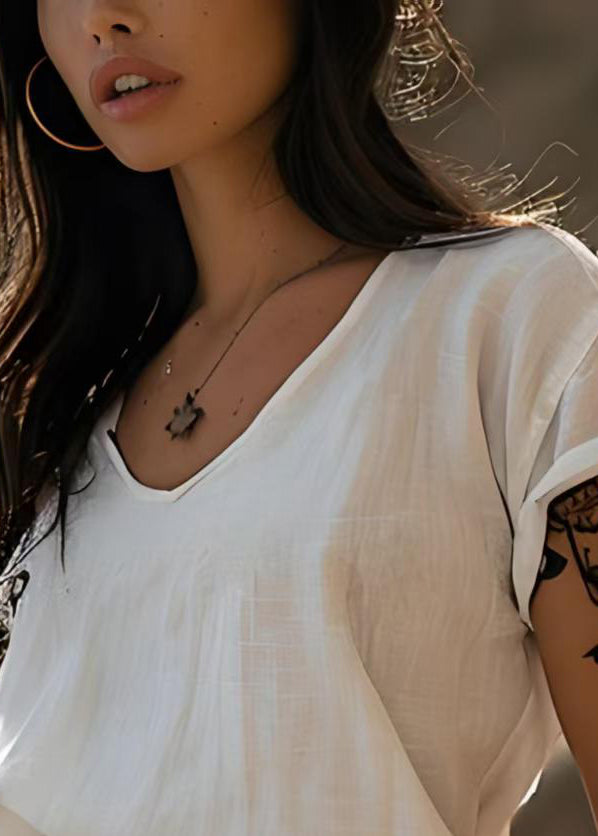 Stylish White V Neck Cotton Short T Shirts Tops Summer