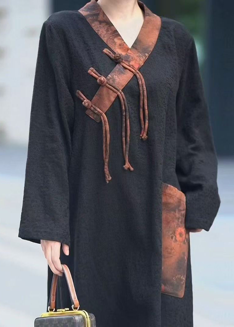 Black V Neck Chinese Button Pockets Cotton Dresses Fall