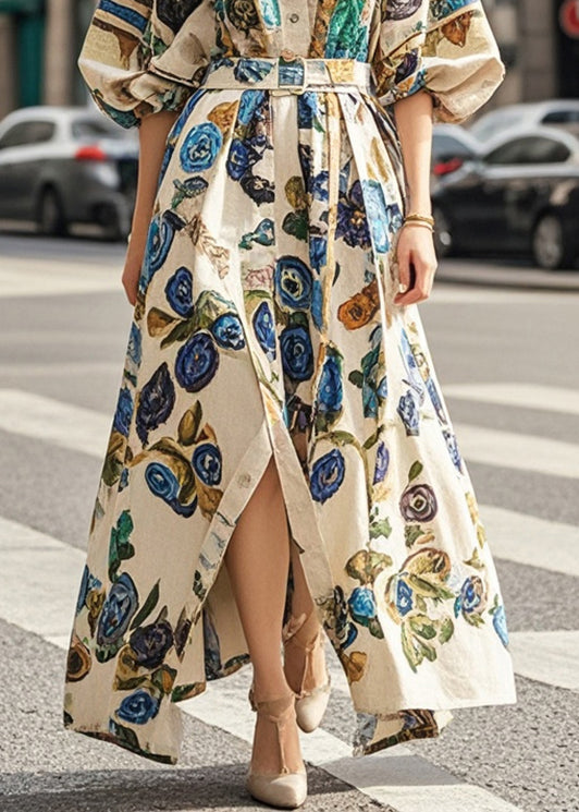 Khaki Oversized Print Cotton Long Dress Lantern Sleeve
