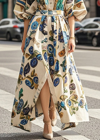 Khaki Oversized Print Cotton Long Dress Lantern Sleeve