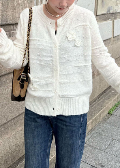White O Neck Button Cozy Knit Coats Fall