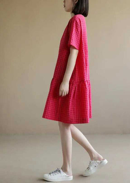 Red O Neck Plaid Cotton Mid Dresses Summer