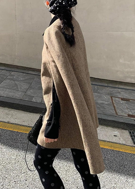 Brown Peter Pan Collar Zippered Woolen Coats Winter