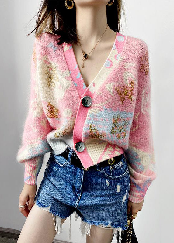 Pink V Neck Button Patchwork Cotton Knit Coats Long Sleeve
