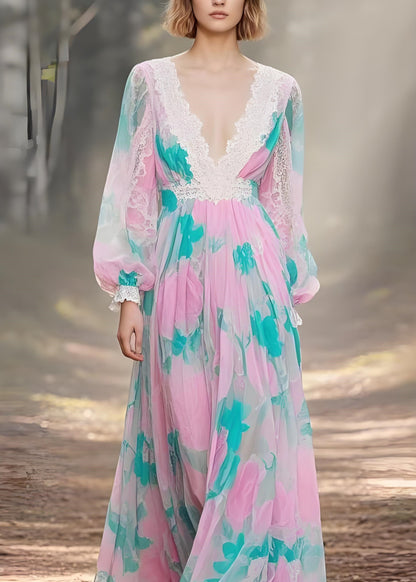 Pink V Neck Lace Print Patchwork Chiffon Ankle Dress Spring
