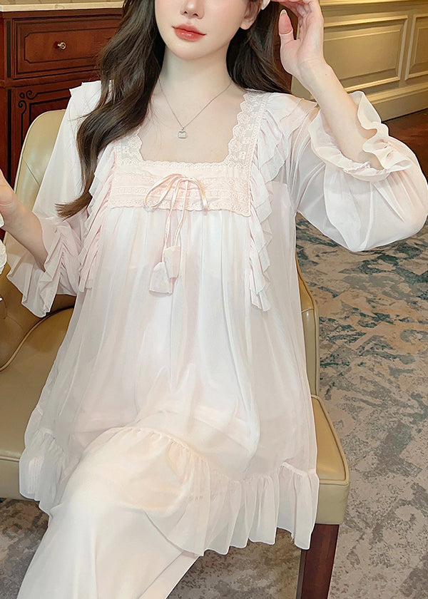 Green Square Collar Lace Up Tulle Pajamas Two Piece Suit Set Butterfly Sleeve