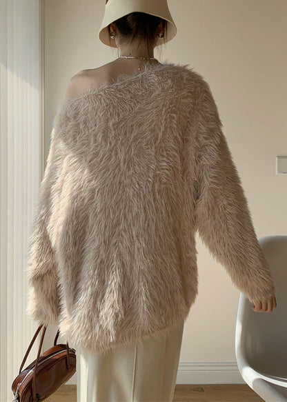 Khaki Cozy Loose Mink Velvet Winter Sweaters O-neck