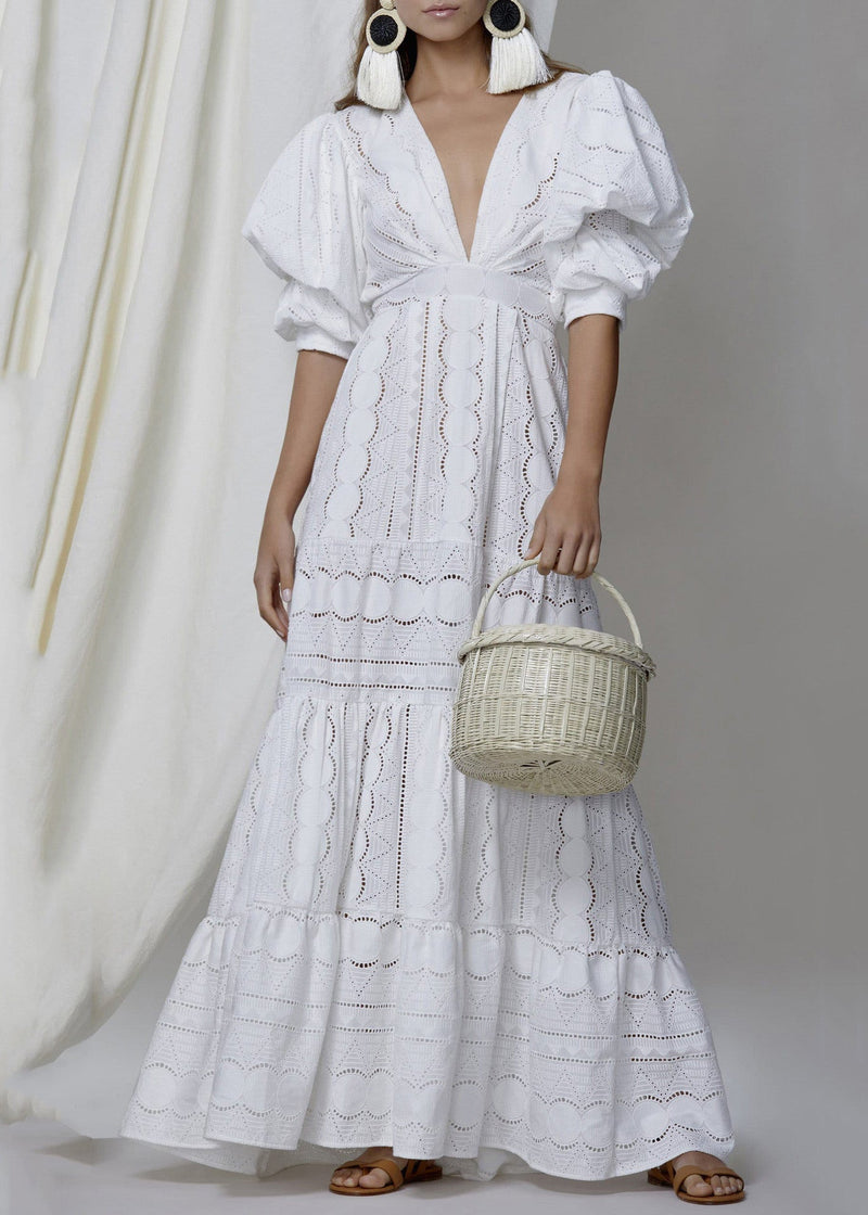White V Neck Hollow Out Puff Sleeve Patchwork Cotton Dress