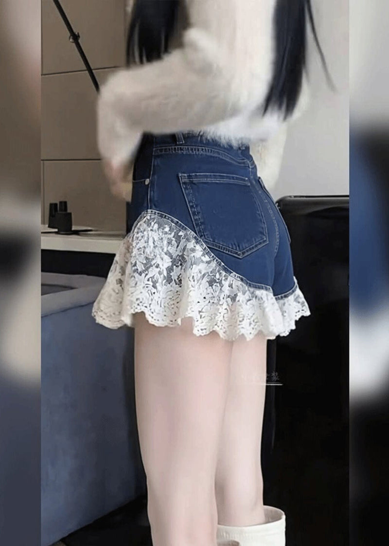 Black Silm Fit Lace Patchwork Denim Shorts Summer