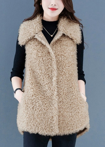 Beige Button Pockets Teddy Faux Fur Waistcoat Sleeveless