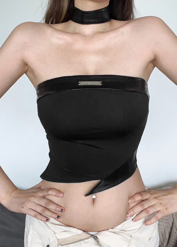 Boutique Black Asymmetrical Faux Leather Patchwor Backless Top Summer