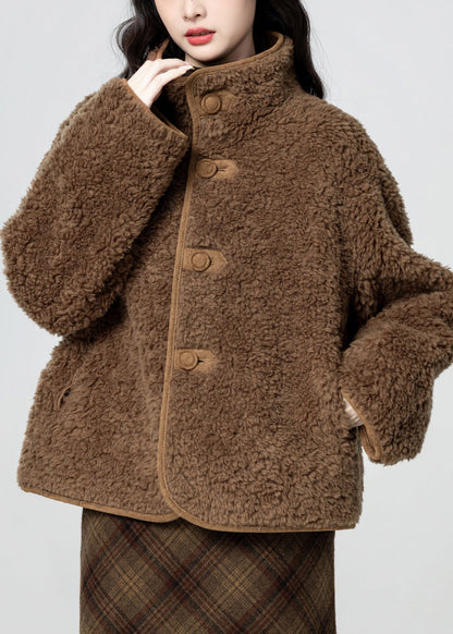 French Coffee Stand Collar Button Fluffy Wear on Both Sides Faux Suede Coats Winter