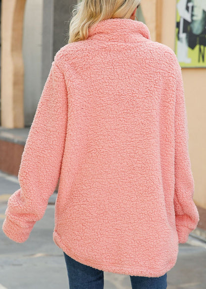 Pink Peter Pan Collar Button Faux Fur Coat Fall