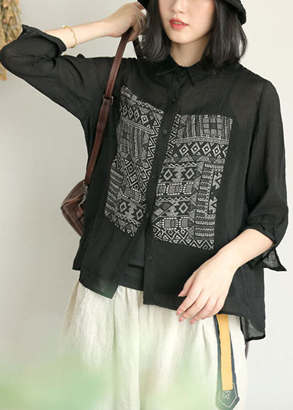 Black Peter Pan Collar Geometric Patchwork Linen Blouse Top Bracelet Sleeve