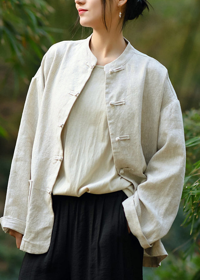 Chinese Style Stand Collar Pockets Oriental Button Linen Coat Spring