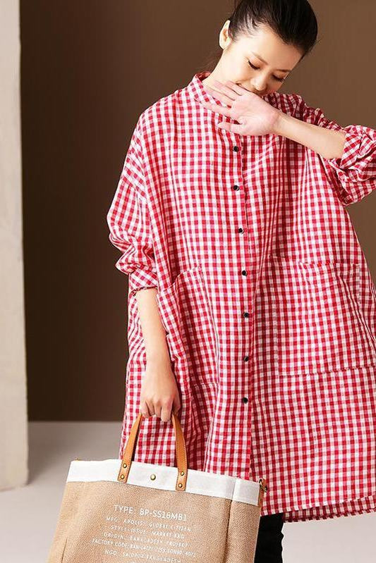 Korea Style Medium Length Loose Plaid Shirt Blouse