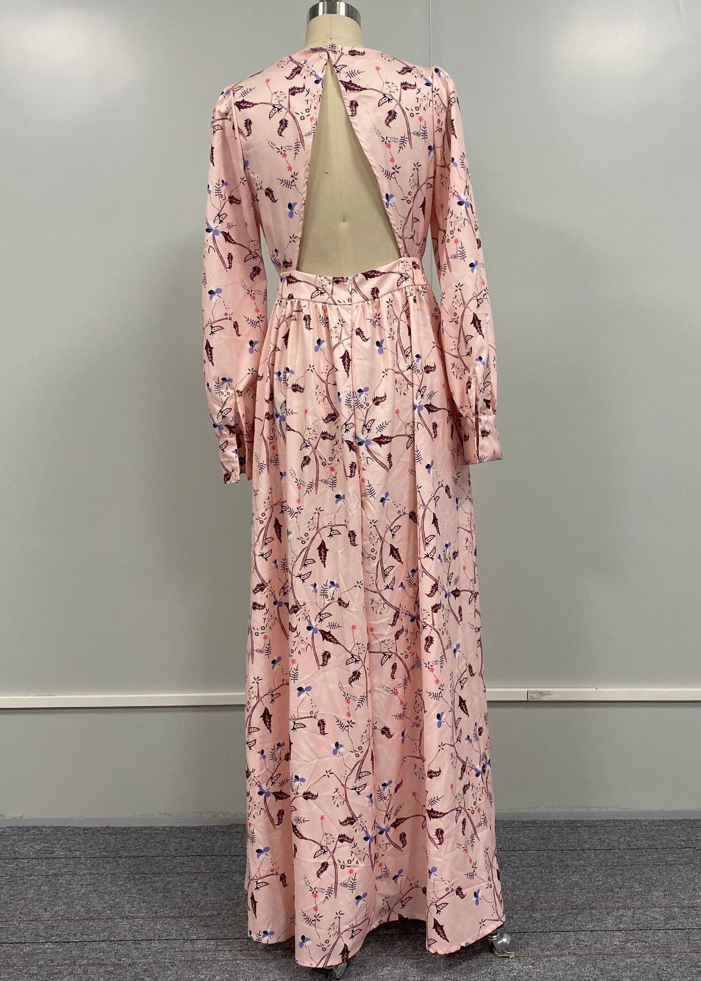 Pink Backless Print Cotton Long Dress Fall