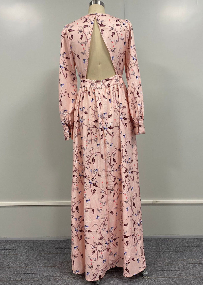 Pink Backless Print Cotton Long Dress Fall
