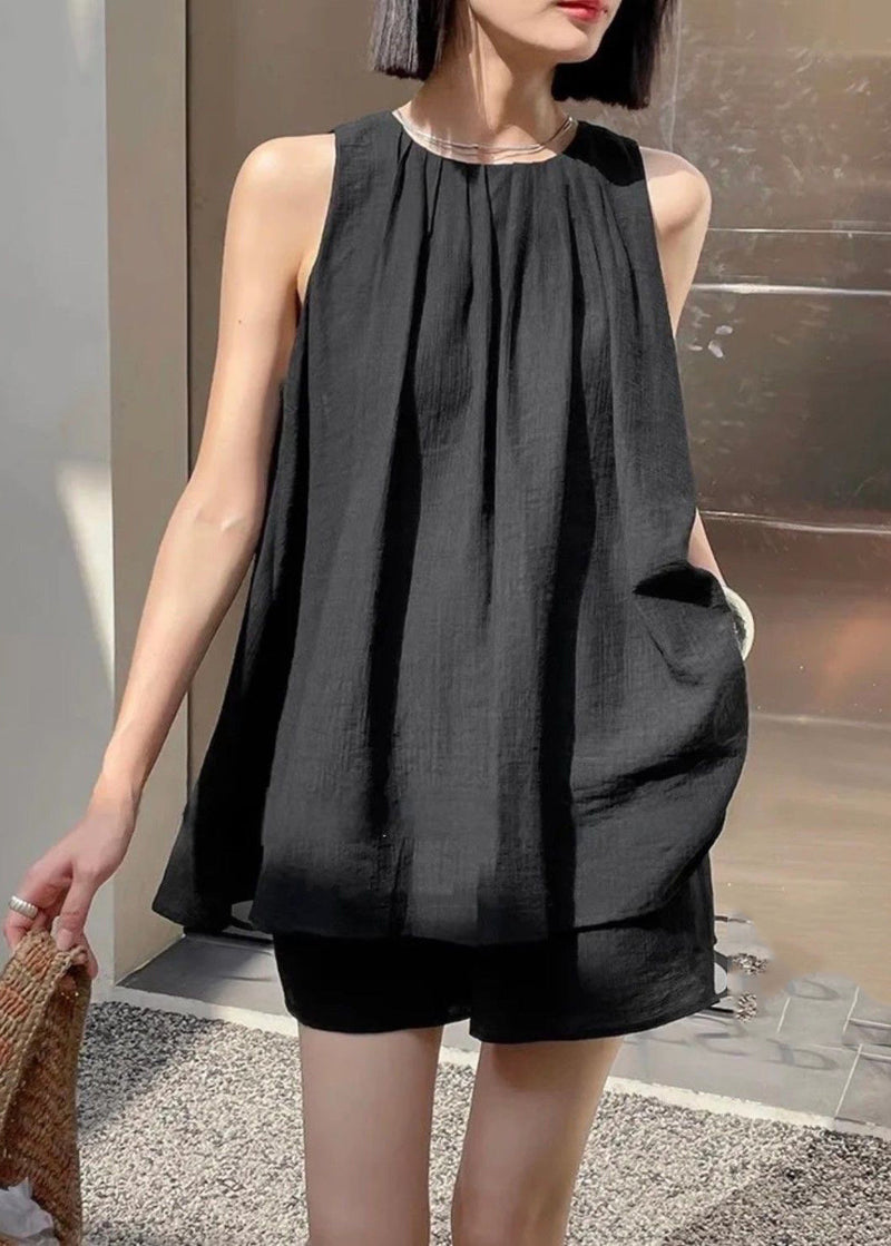 Black Wrinkled Top and Shorts Two Pieces Set Sleeveless