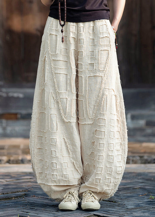 Beige Pockets Patchwork Linen Lantern Pants Fall