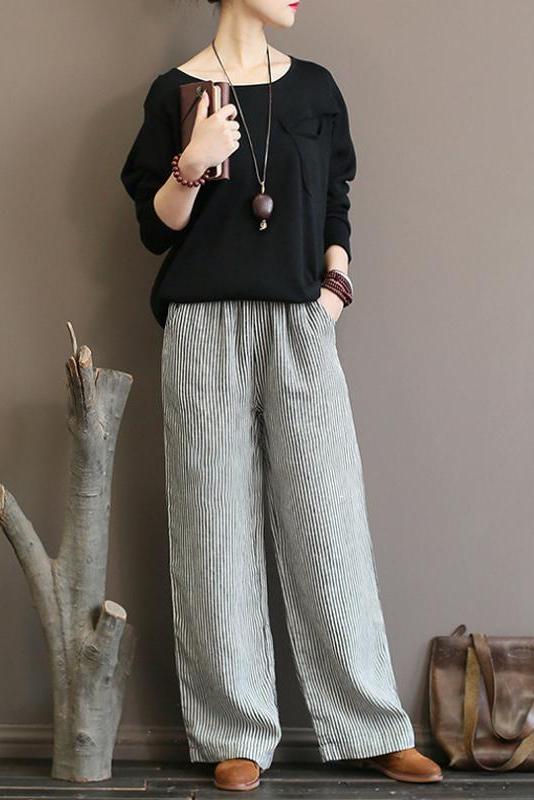Limited Stock- 100% Linen Straight Pants for Black Stripe