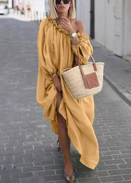Boutique Khaki Ruffled Cold Shoulder Loose Cotton Long Dresses Spring
