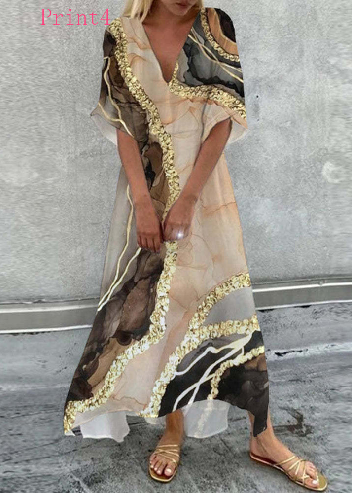 V Neck Print Loose Cotton Maxi Dress Summer