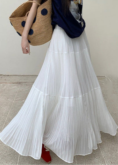 White Elastic Waist Chiffon Maxi Skirts Wrinkled