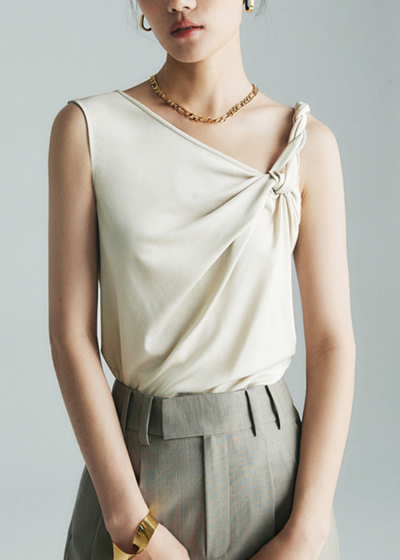 Beige Slanted Collar Cinched Tops Sleeveless