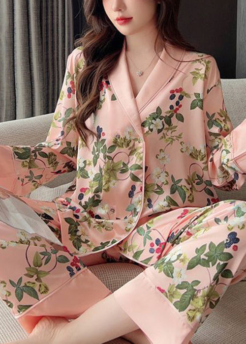 Pink Peter Pan Collar Print Ice Silk Pajamas Two Pieces Set Spring