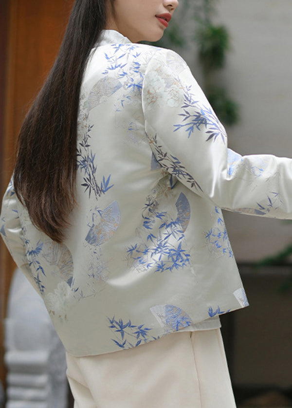 Chinese Style Beige Jacquard Oriental Button Silk Coat Spring