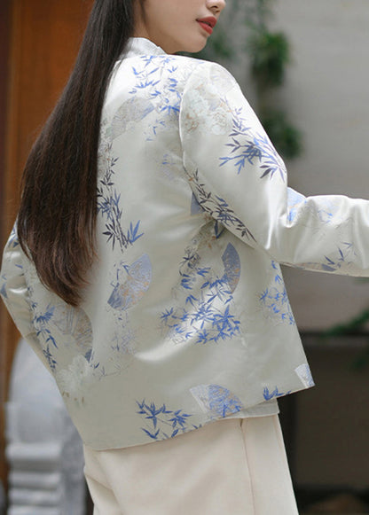 Chinese Style Beige Jacquard Oriental Button Silk Coat Spring